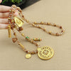 Long Faux Tiger Eye Necklace with Gold-Tone Compass Pendant