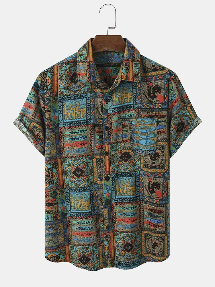 Men's Short Sleeve Button-Up Shirt with Vintage Animal Print