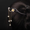 Wooden Hairpin with Flower and Pearl Tassels