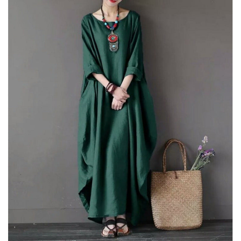 Cotton Linen Maxi Dress Long Sleeve Solid Color