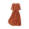 Orange cotton linen midi dress with embroidered short sleeves and a relaxed A-line fit