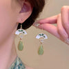 Fan Pattern Luck Drop Earrings with Bamboo Leaf Design