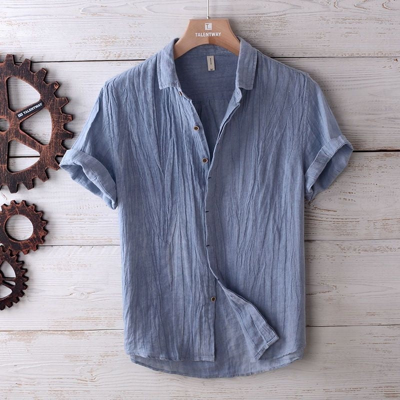 Men's Linen Short Sleeve Shirt Casual Solid Color Lapel Top