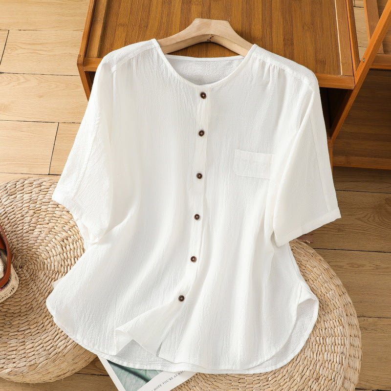 Women's Cotton Linen Shirt Half Sleeve Casual Button Down Top