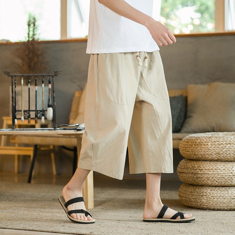 Men's Wide Leg Pants Linen Cropped Trousers