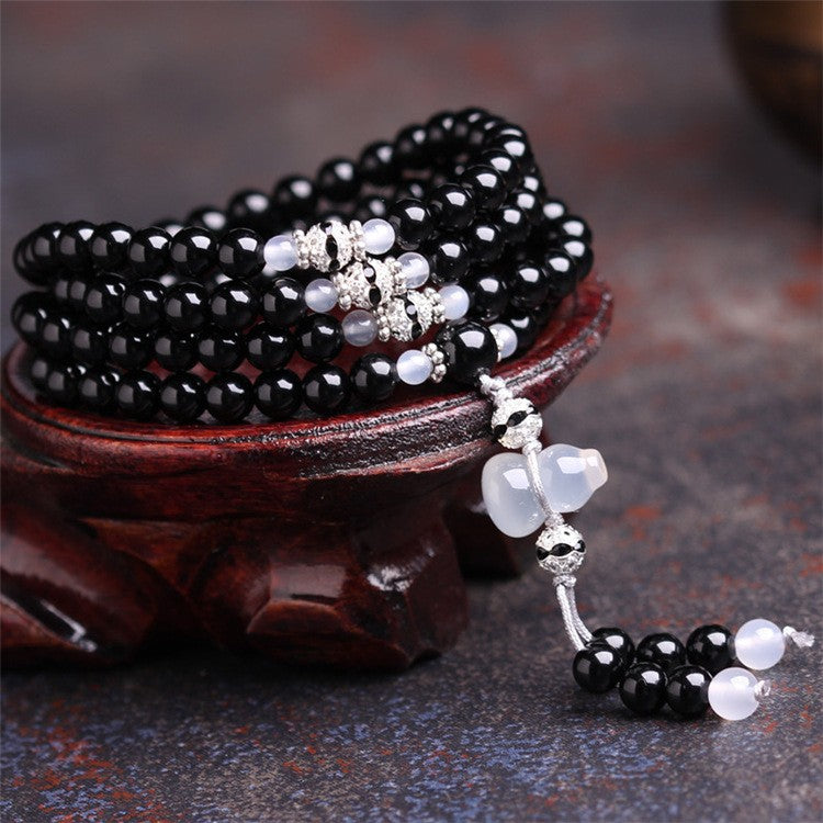 Black Agate White Chalcedony 108 Bead Bracelet with Gourd Charm