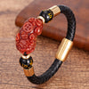 Pixiu Leather Bracelet with Gold-Tone Clasp and Mantra Beads