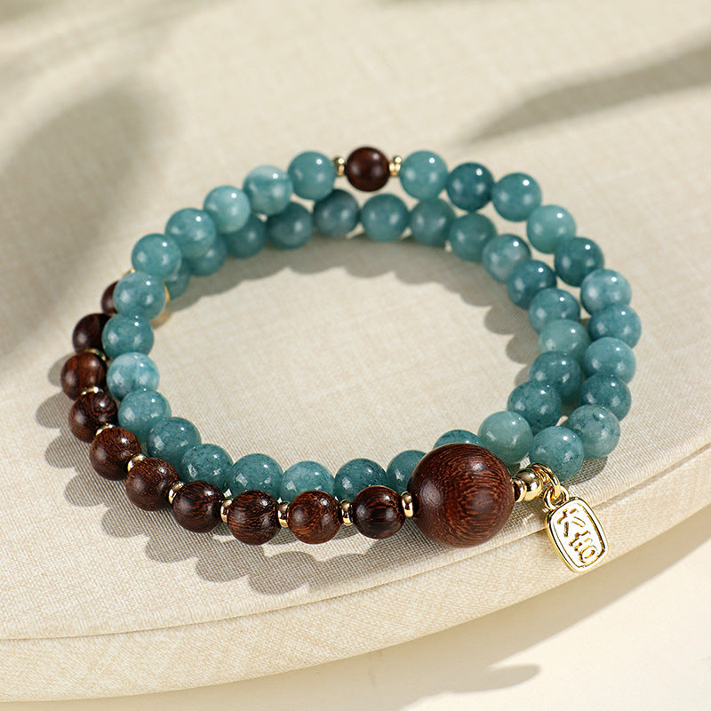 Blue Chalcedony Wood Double Wrap Bracelet with Good Fortune Charm