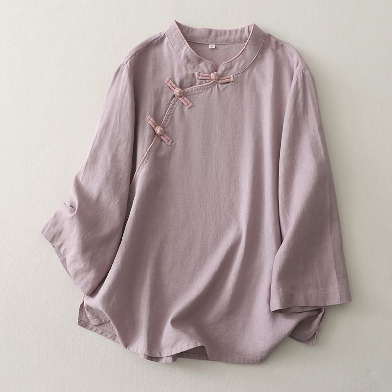 Relaxed Linen Blend Top with Traditional Knot Buttons
