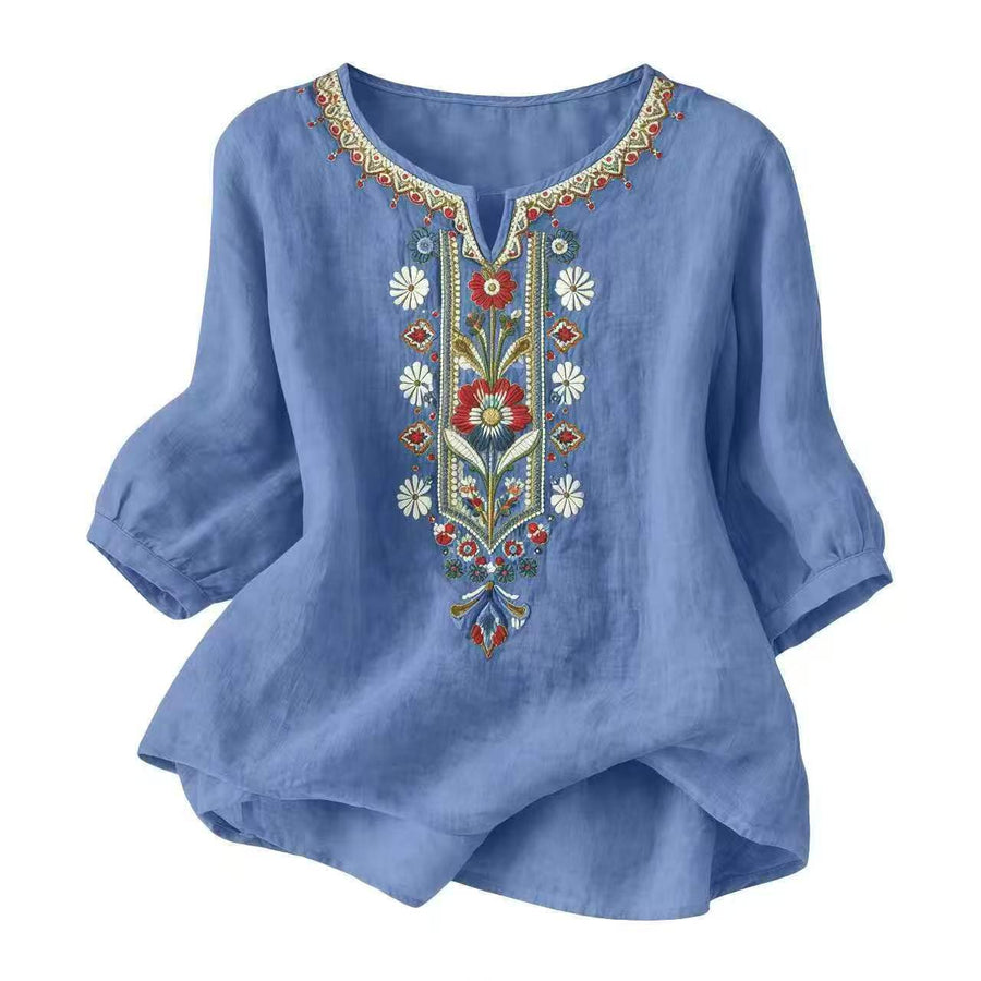 Women's Embroidered Boho T-Shirt, Spring Cotton Blend Top