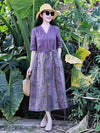 Cotton Linen V-Neck Floral Midi Dress