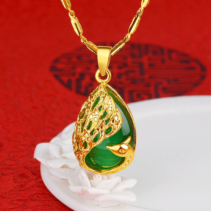 Peacock Copper Pendant Necklace with Faux Cat Eye Stone