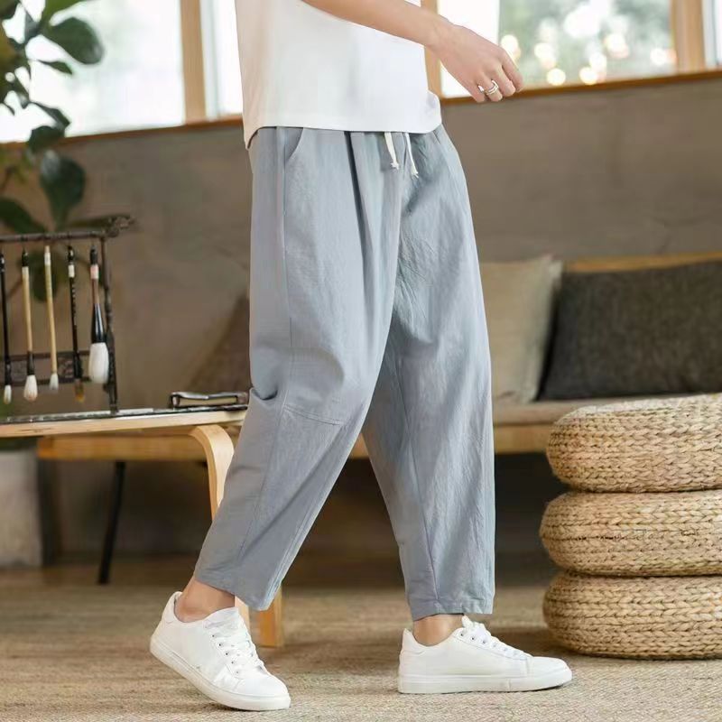 Men's Cotton Linen Pants With Pockets Summer Loose Casual Trousers
