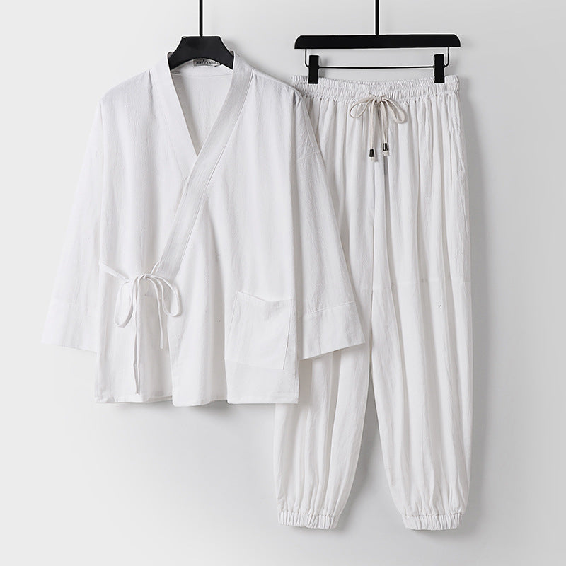 Men's Meditation Cloth Set: Linen Kimono Pants With Pockets