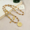 Long Faux Tiger Eye Necklace with Gold-Tone Compass Pendant
