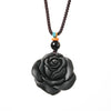 Black Obsidian Rose Pendant Necklace, Carved Flower