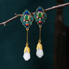Magnolia Flower Jade Pattern Luck Prosperity Drop Dangle Earrings