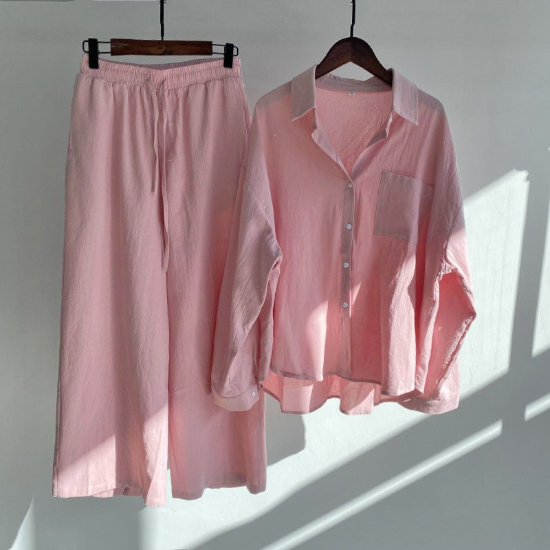 Pink cotton linen two piece set with long sleeve shirt and wide leg pants