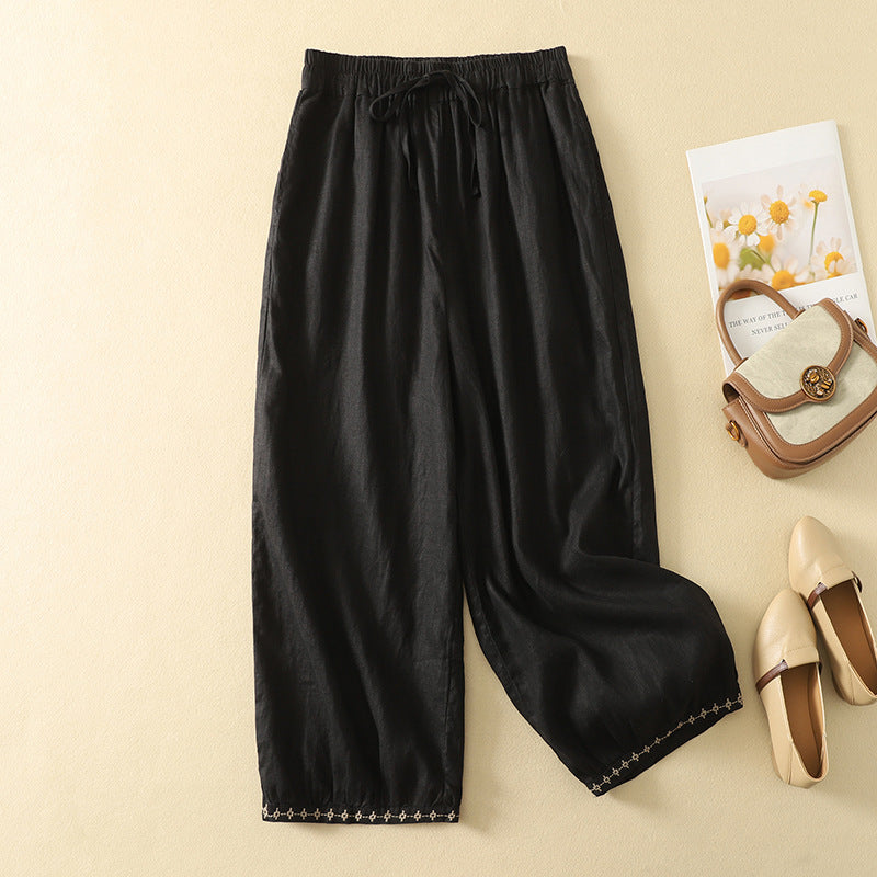 Retro Embroidered Drawstring Pants Women's 7-8 Length Casual