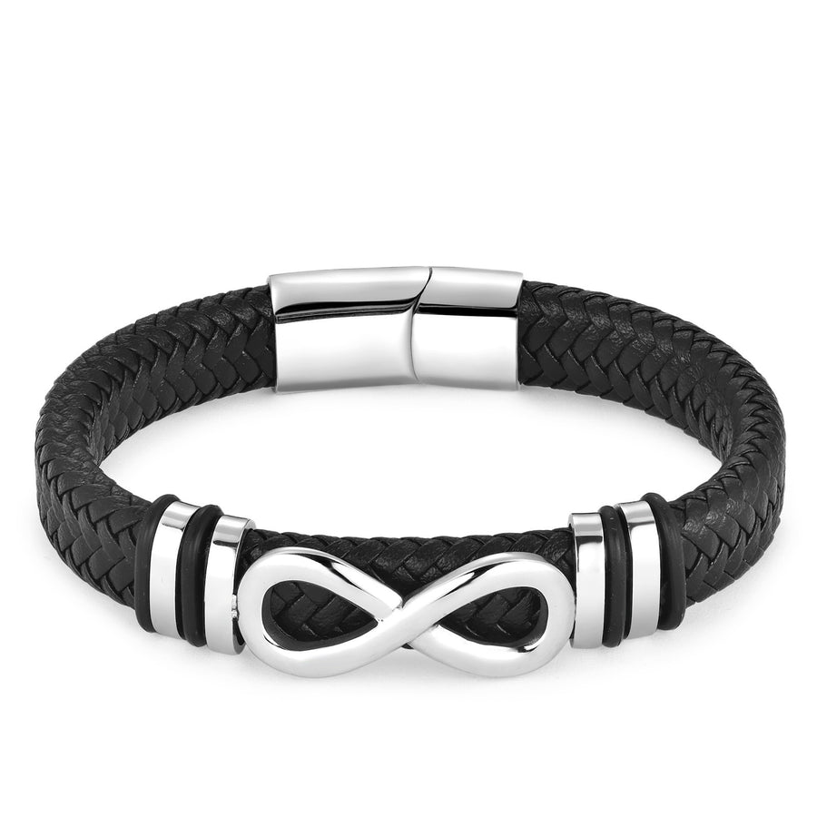 Close up of a black braided leather bracelet with a silver infinity symbol charm