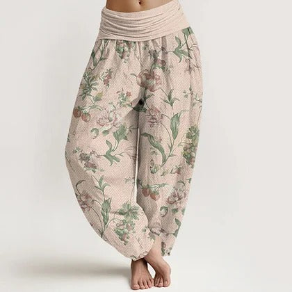 Woman wearing light-colored printed cotton pants