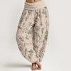 Woman wearing light-colored printed cotton pants