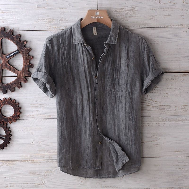 Men's Linen Short Sleeve Shirt Casual Solid Color Lapel Top