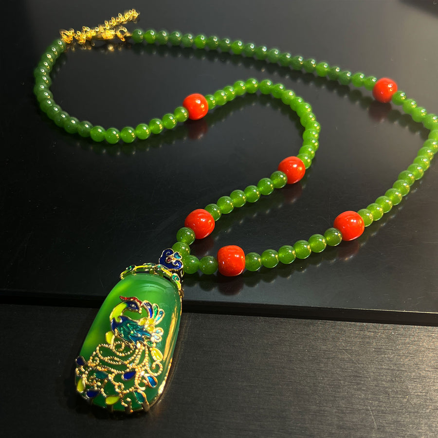 Natural Round Green Chalcedony Necklace and Earring Set