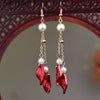 Long Drop Earrings with Floral Charm and Faux Pearl