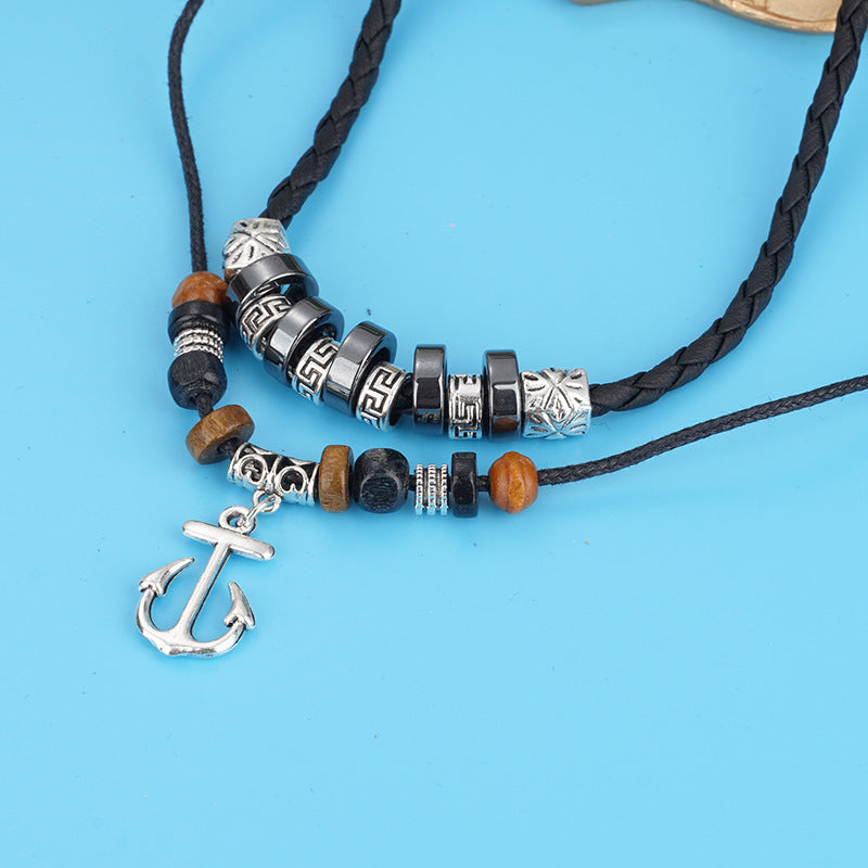 Anchor Pendant Necklace, Braided Cord with Beads
