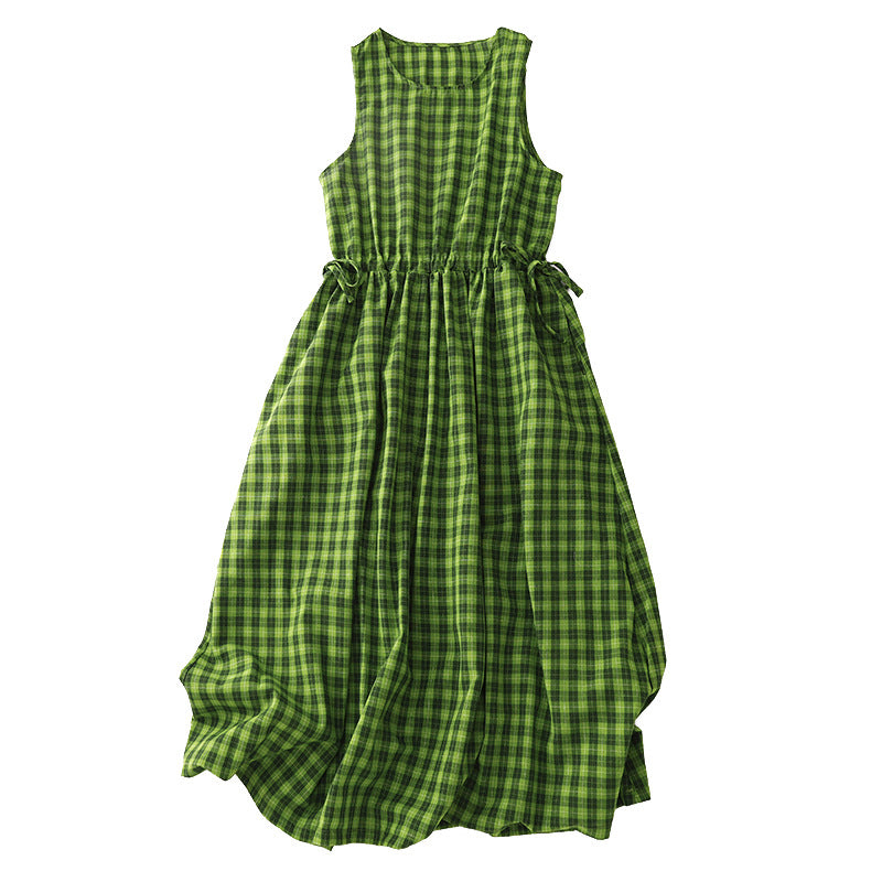 Front view of a green plaid sleeveless midi dress with a drawstring waist