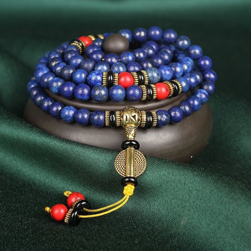 Lapis Lazuli 108 Bead Mala Bracelet with Red Turquoise