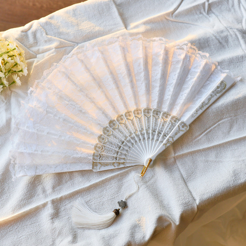 Chinese Style Bamboo Folding Fan with Silk Leaf and Tassel