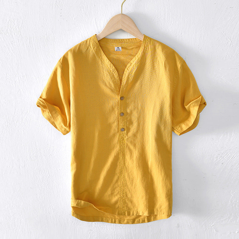 Men's Linen Cotton Short Sleeve Stand Collar Shirt