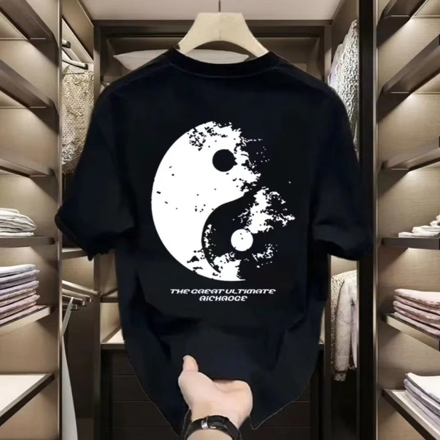 Black cotton t-shirt with a large white Yin Yang graphic on the back