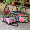 Embroidered Canvas Tote Bag with Floral and Phoenix Motifs