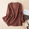 Women's V-Neck Printed Floral Cotton Linen Shirt