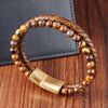 Woven Tiger Eye Leather Bracelet with Gold-Tone Clasp
