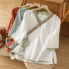 Women's Cotton Linen Embroidered V-Neck Tea Shirt