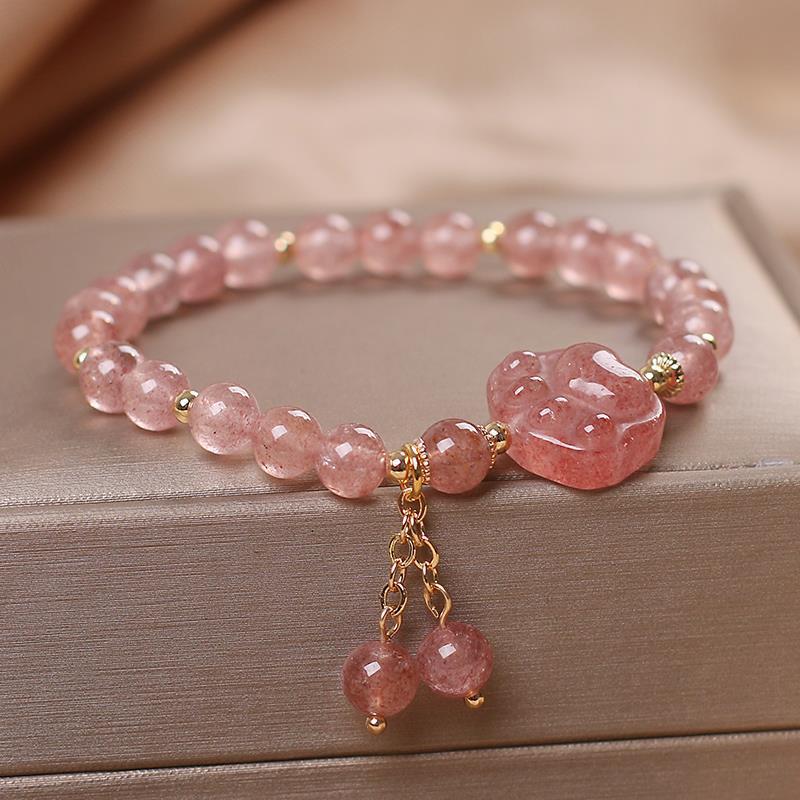 Strawberry Quartz Love Maple Leaf Charm Double Wrap Bracelet