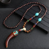 Wooden Prayer Bead Necklace with Dzi Agate Pendant