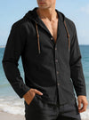 Men's Solid Color Long Sleeve Hooded Drawstring Buttons Shirt