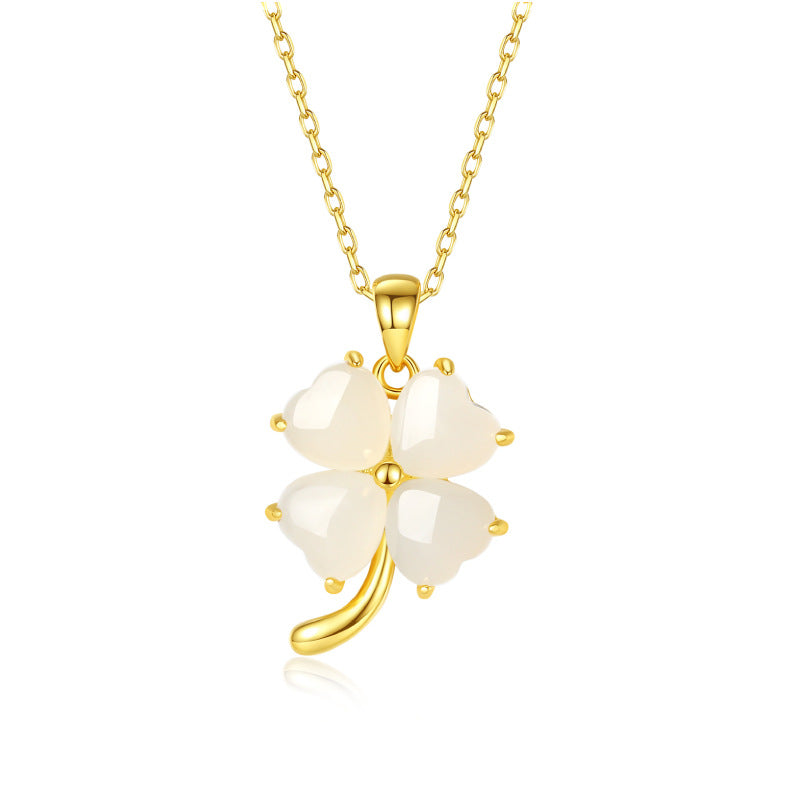 Four Leaf Clover Necklace with Hetian Jade and Sterling Silver