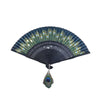 Open handheld folding fan with peacock feather print and bamboo frame