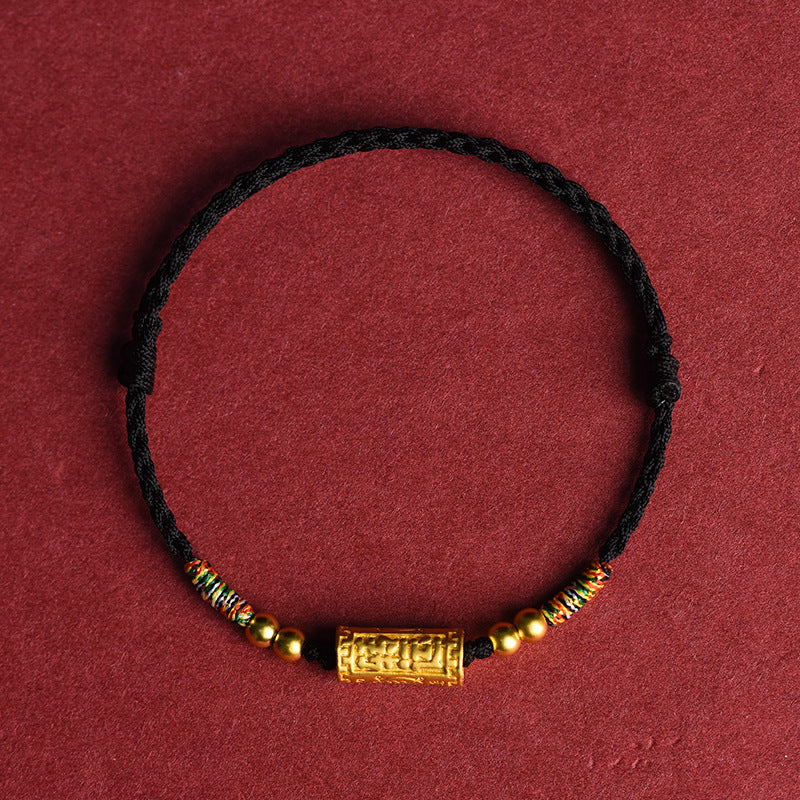 Gold-Plated Lulutong Red String Bracelet, Woven Cord with Mantra Bead