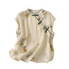 Women's Sleeveless Shirts Cotton Linen Mandarin Collar Floral Tank Top