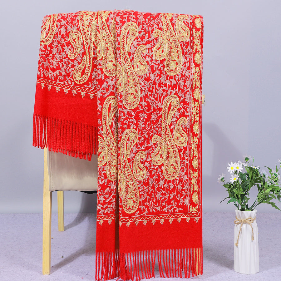 Embroidered Cashew Flower Shawl, Rayon Winter Wrap