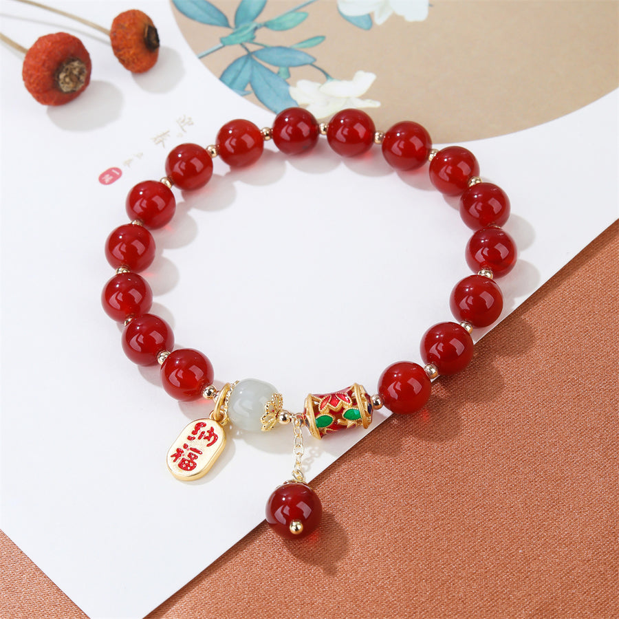 Red Agate Bracelet with Jade and Enamel Charm