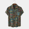 Front view of a men's short sleeve button-up shirt with colorful vintage geometric and animal print