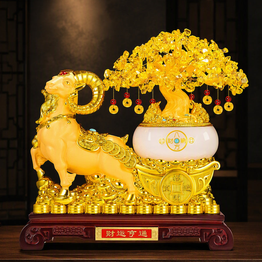 Gold-Tone Horse and Wealth Tree Statue